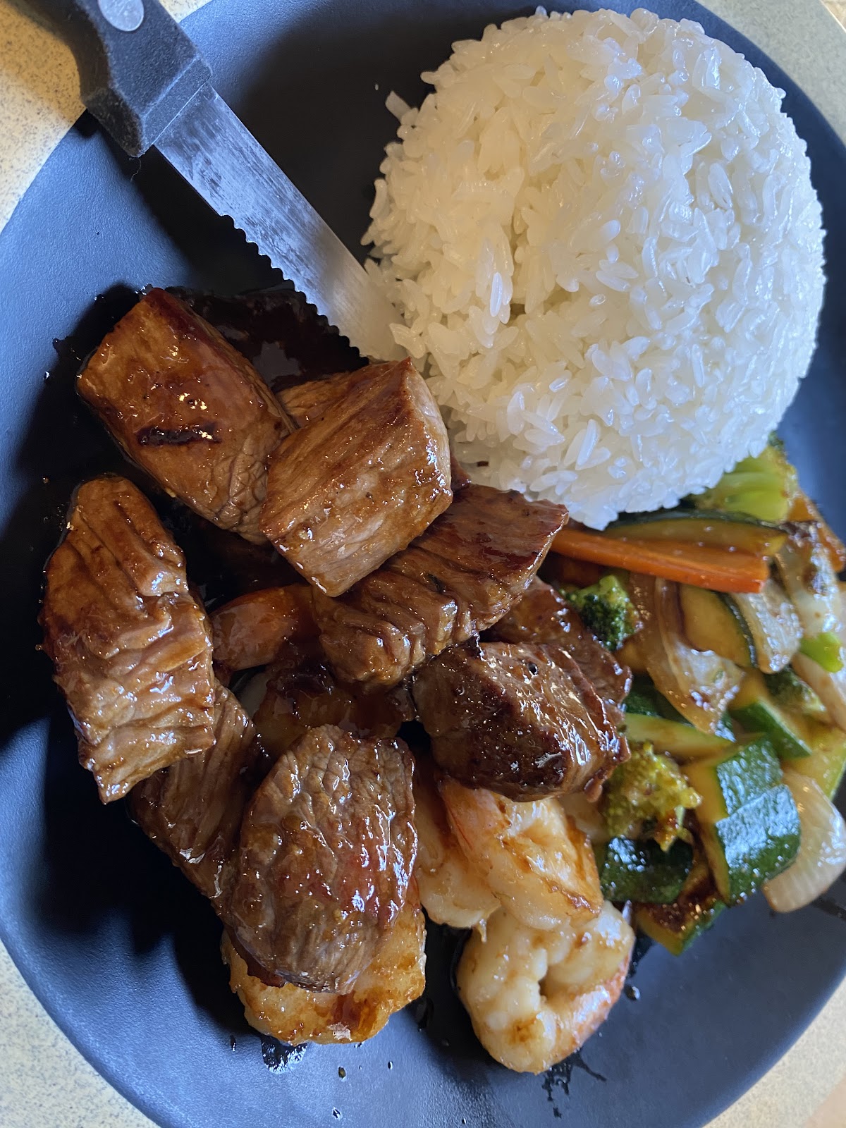 Teppanyaki steak and shrimp with fried rice