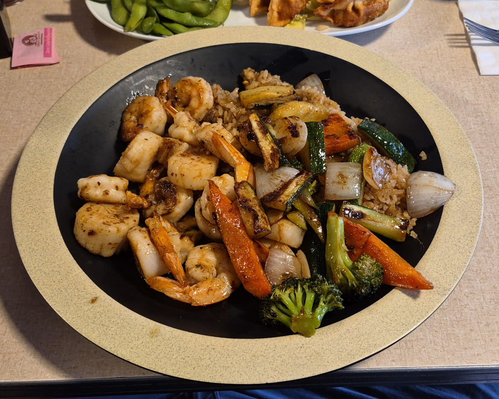 Seafood hibachi with shrimp, scallops, and grilled vegetables